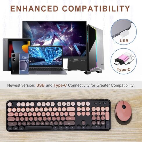Wireless Keyboard and Mouse Combo, Ergonomic Full Size Typewriter Retro Round Keycaps Keyboard, Compatible with Windows, PC, Perfer for Home and Office Keyboards (Aurora Red) in Kuwait