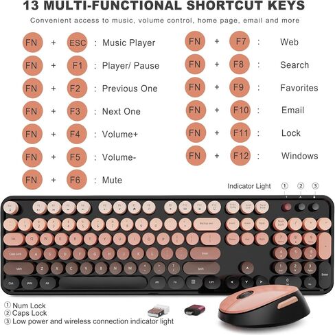 Wireless Keyboard and Mouse Combo, Ergonomic Full Size Typewriter Retro Round Keycaps Keyboard, Compatible with Windows, PC, Perfer for Home and Office Keyboards (Aurora Red) in Kuwait