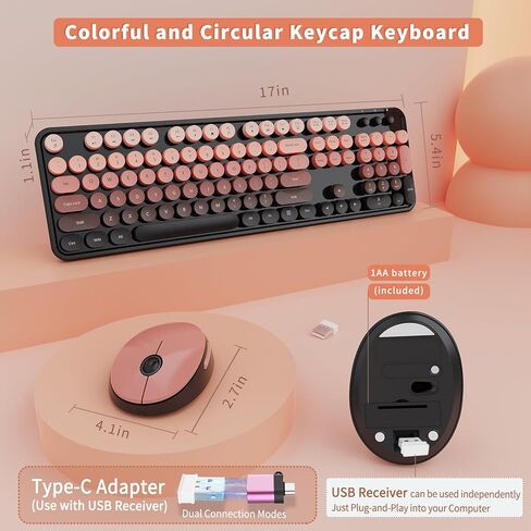 Wireless Keyboard and Mouse Combo, Ergonomic Full Size Typewriter Retro Round Keycaps Keyboard, Compatible with Windows, PC, Perfer for Home and Office Keyboards (Aurora Red) in Kuwait