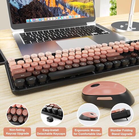 Wireless Keyboard and Mouse Combo, Ergonomic Full Size Typewriter Retro Round Keycaps Keyboard, Compatible with Windows, PC, Perfer for Home and Office Keyboards (Aurora Red) in Kuwait