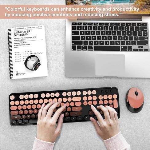 Wireless Keyboard and Mouse Combo, Ergonomic Full Size Typewriter Retro Round Keycaps Keyboard, Compatible with Windows, PC, Perfer for Home and Office Keyboards (Aurora Red) in Kuwait