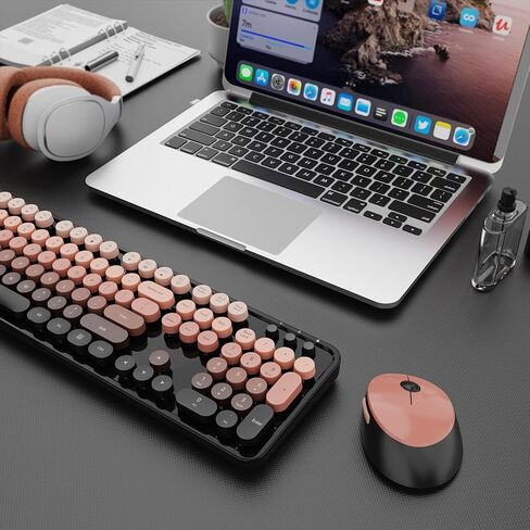 Wireless Keyboard and Mouse Combo, Ergonomic Full Size Typewriter Retro Round Keycaps Keyboard, Compatible with Windows, PC, Perfer for Home and Office Keyboards (Aurora Red) in Kuwait