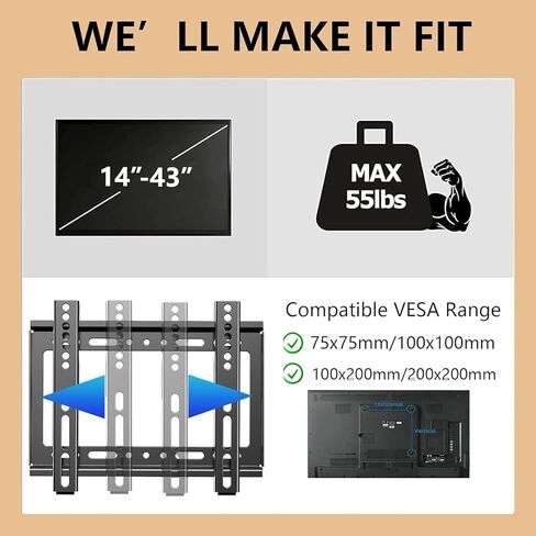 TV Wall Mount, Fixed TV Wall Mount Bracket, Low Profile Design for Most 26-55 inch LED LCD OLED-4K Flat Screen TVs up to 100lb Ultra Slim Fixed TV Mount with Max VESA 400x400mm in Saudi Arabia