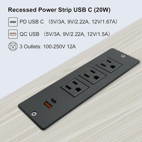 قطاع طاقة مجوف للمؤتمرات مع 3 منافذ USB 1875 وات/12 أمبير ومنفذين USB 2.1 أمبير وسلك طاقة 10 قدم أسود in Kuwait