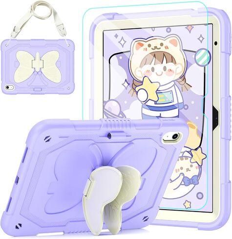 Kids Case for iPad (A16) 10th/11th Generation for Girls,11'' 2025/10.9'' 2022 with Glass Screen Protector Butterfly Stand,Pencil Holder,Strap Shockproof iPad Case 10th Gen (Colorful) in Saudi Arabia