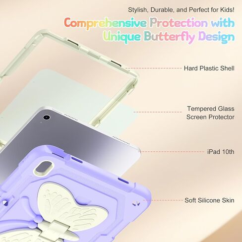 Kids Case for iPad (A16) 10th/11th Generation for Girls,11'' 2025/10.9'' 2022 with Glass Screen Protector Butterfly Stand,Pencil Holder,Strap Shockproof iPad Case 10th Gen (Colorful) in Saudi Arabia
