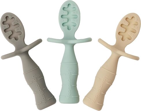 Upward Baby Spoons Self Feeding 6+ Months - 3 Pack, Chewable Toddler Utensils with Anti Choke Barrier, Baby Feeding Essentials, Baby Spoons 4 months, Silicone Baby Spoons, Red White Blue in Saudi Arabia
