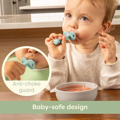 Upward Baby Spoons Self Feeding 6+ Months - 3 Pack, Chewable Toddler Utensils with Anti Choke Barrier, Baby Feeding Essentials, Baby Spoons 4 months, Silicone Baby Spoons, Red White Blue in Saudi Arabia
