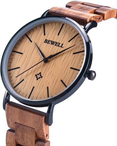 ساعات BEWELL الخشبية للرجال والنساء، ساعة يد رفيعة تناظرية كوارتز بسيطة للزوجين W163A (رجالي-أسود) in Kuwait