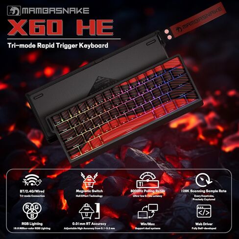 X60 HE 60% Rapid Trigger Wireless Gaming Keyboard,Hall Effect Magnetic Switches,Adjustable Actuation,0.1ms Ultra-Low Latency, 8KHz Polling Rate,3-Mode RGB,PBT Keycaps for Win/Mac-Black&Red in Kuwait