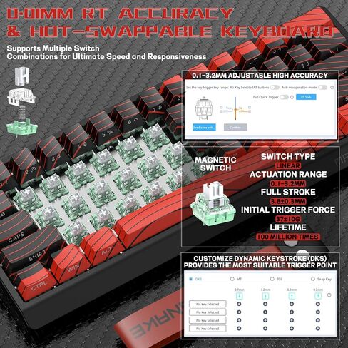 X60 HE 60% Rapid Trigger Wireless Gaming Keyboard,Hall Effect Magnetic Switches,Adjustable Actuation,0.1ms Ultra-Low Latency, 8KHz Polling Rate,3-Mode RGB,PBT Keycaps for Win/Mac-Black&Red in Kuwait