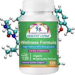 CANCER SCIENCES HEALTHY LIVING™ Wellness Formula, Organic Mushrooms Extract Supplement, Extra Strength 1,500 mg, High Potency 40% Beta-Glucans, Immune System Support, 120 Capsules