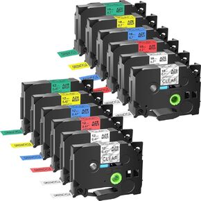 GREENCYCLE Compatible for Brother P Touch TZ TZE Label Tape 12mm 0.47" 18mm 3/4 Inch Black on White Clear Red Blue Yellow Green -12 Pack