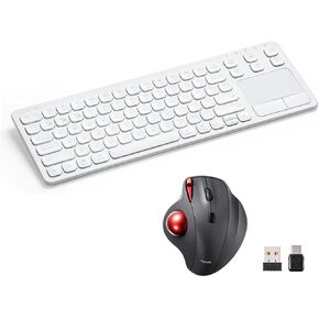 SANWA Multi-Device Wireless Trackball Mouse and Keyboard with Touchpad, USB-A & Type-C Receiver, Programmable Silent Click Mouse, Rechargeable Keyboard, Compatible with Mac, Windows, Android