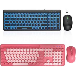 2 Pack Wireless Keyboard and Mouse Combo - Bluetooth Multi-Device Slim Portable Rechargeable Backlits Cordless Keyboard, Pink Retro Round Keycap Typewriter Keyboard with Phone/Tablet Holder, SABLUTE