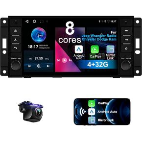 4+32G 8 Core Car Radio for Jeep Wrangler Radio Chrysler Dodge Ram with Wireless Car-Play Android Auto,7" IPS Car Stereo Upgrade Dash Kit with Backup Camera,AM/FM/RDS/DSP/SWC