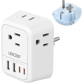 LENCENT European Travel Plug Adapter, Foldable US to Europe Plug Adapter with 4 Outlets, 4 USB (2 USB C) Charger Adapter, Type C Power Adaptor for USA to Italy Spain France Portugal Iceland Germany