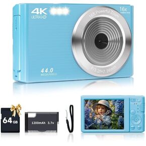 Digital Camera, FHD 1080P Kids Camera 44MP Point and Shoot Digital Cameras with 64GB SD Card, 16X Zoom, Batteries, Lanyard, Compact Small Camera for Kids Boys Girls