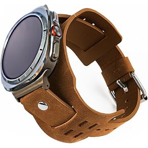 Cuff Leather Band Compatible with Samsung Galaxy Watch Ultra 7/6/5/FE, Genuine Vintage Leather Bracelet Strap for Galaxy Watch 40mm 43mm 44mm 46mm 47mm, Stylish Metal Wristband for Women & Men (Brown)