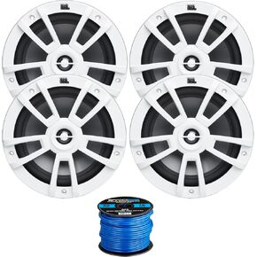 4X 8 375 Watts Peak Power High-Performance Marine Audio White Speakers, 50 Feet 16 Gauge Speaker Wire