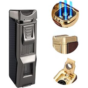 Torch Lighter, 4 Jet Flame Lighter with Punch & Holder - Refillable Butane Windproof Torch Lighter-Premium Gift for Men (B)