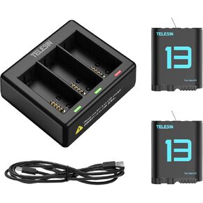 TELESIN Hero13 Triple Battery Charger Kit for GoPro HERO13 Black, 2-Pack Battery + Triple Charge Case with Type-C Charging Cord for Go Pro HERO13 Original Batteries Accessories