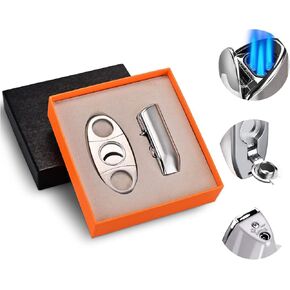 Cigar Lighter and Cutter Set 3 Torch Flames Lighter Built-in Cigar Punch,Stainless Steel Double Blade Cigar Cutter in Gift Box(Silver)