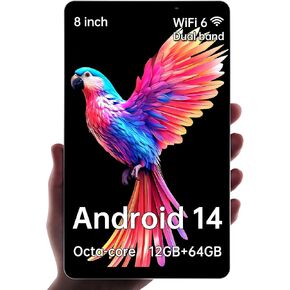 【2025 Tablet 8 inch】 M8 Android 14 Kids Tablet PC, 8 core CPU, 12GB+64GB，2TB Expandable, HD IPS Display, Wi-Fi 6, BT5.4, 5MP+8MP Camera, 5100mAh Large Battery, Widevine L1, Gray