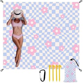 Beach Blanket Waterproof Sandproof Extra Large 8 Ft X 7 Ft for 4 Adults Oversized Sand Free Beach Mat with 4 Corner Pockets and Stakes Portable for Beach Picnic Travel Camping (Pink Purple)