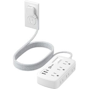 سلك تمديد قصير 2 قدم - قابس مسطح صغير لقطاع الطاقة مع 6 منافذ 3 منافذ شحن USB (5 فولت/3.4 أمبير 17 وات)، مقسم منافذ حائط متعدد التوصيل للمنزل والمكتب وغرفة النوم، أبيض in Kuwait