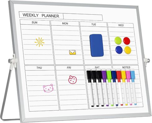 Magnetic Desktop Whiteboard with Stand, 16'' x 12'' Double-Sided Dry Erase White Board, 6 Markers, 4 Magnets, 1 Eraser, Portable White Board Easel for Kids Drawing Desk School to Do List in Saudi Arabia