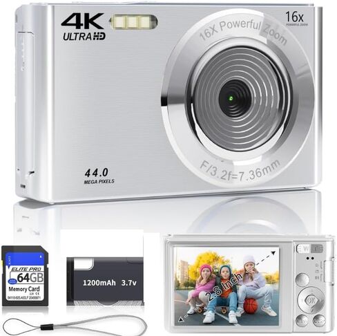 Digital Camera, FHD 1080P Kids Camera 44MP Point and Shoot Digital Cameras with 64GB SD Card, 16X Zoom, Batteries, Lanyard, Compact Small Camera for Kids Boys Girls in Kuwait