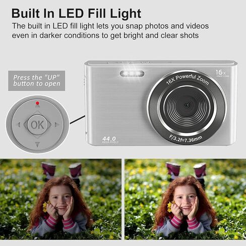Digital Camera, FHD 1080P Kids Camera 44MP Point and Shoot Digital Cameras with 64GB SD Card, 16X Zoom, Batteries, Lanyard, Compact Small Camera for Kids Boys Girls in Kuwait