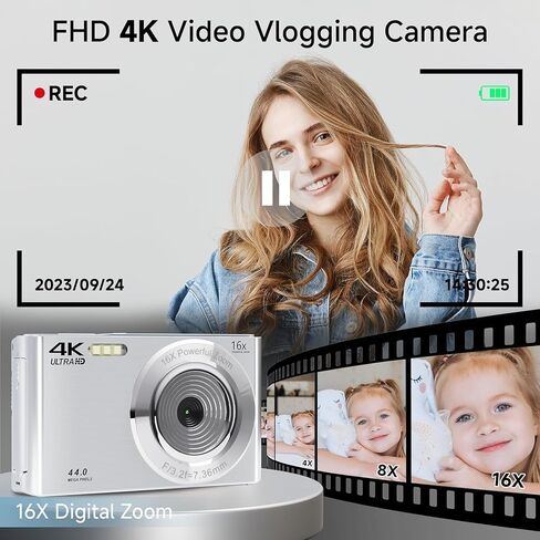 Digital Camera, FHD 1080P Kids Camera 44MP Point and Shoot Digital Cameras with 64GB SD Card, 16X Zoom, Batteries, Lanyard, Compact Small Camera for Kids Boys Girls in Kuwait