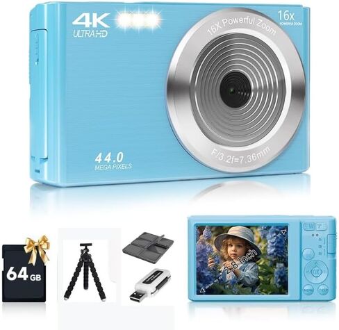 Digital Camera, FHD 1080P Kids Camera 44MP Point and Shoot Digital Cameras with 64GB SD Card, 16X Zoom, Batteries, Lanyard, Compact Small Camera for Kids Boys Girls in Kuwait