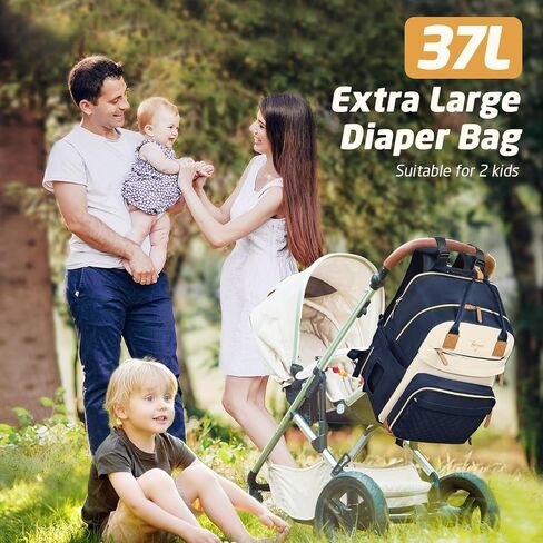 Diaper Bag Backpack, Extra Large Baby Diaper Bag for 2 Kids Twin | Travel Diaper Backpack for Mom Dad, 25-37L Expandable, with Changing Pad, Insulated Pocket, Earphone Hole, Apricot Black in Saudi Arabia