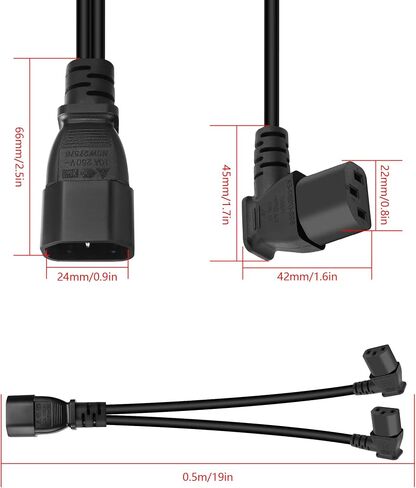 GELRHONR IEC320 C14 to two C13 PDU power extension cords, C14 male to 90 degree double curved C13 female power cords for computers, LED high definition TV monitors and scanners, etc (Right Angle 0.5M) in Saudi Arabia