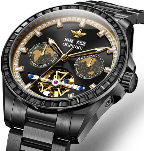 OUPINKE Watch for Men Automatic Wristwatch 3D Dial with 5ATM Waterproof Luminous Calendar Skeleton Watches-Sapphire Crystal Tungsten Steel Strap in Kuwait