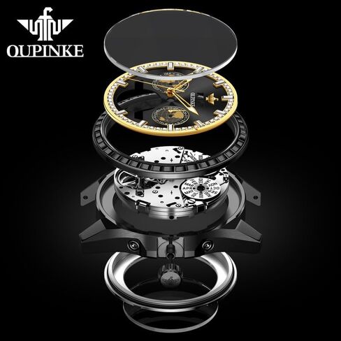 OUPINKE Watch for Men Automatic Wristwatch 3D Dial with 5ATM Waterproof Luminous Calendar Skeleton Watches-Sapphire Crystal Tungsten Steel Strap in Kuwait