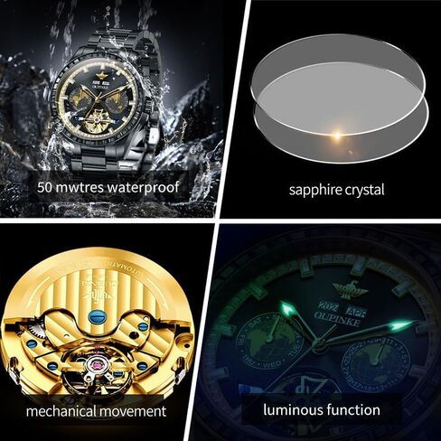 OUPINKE Watch for Men Automatic Wristwatch 3D Dial with 5ATM Waterproof Luminous Calendar Skeleton Watches-Sapphire Crystal Tungsten Steel Strap in Kuwait