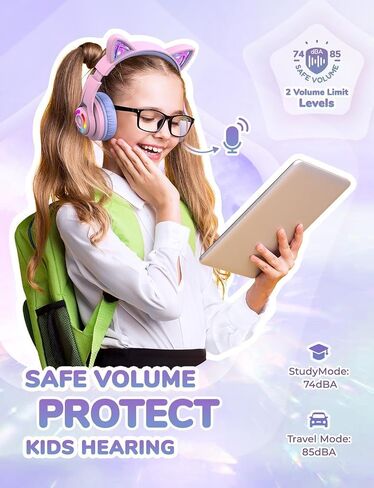 iClever Cat Ear Kids Bluetooth Headphones, LED Lights Up, 74/85/94dB Volume Limited, 50H Playtime,Bluetooth 5.2, USB C, Kids Headphones Wireless for Travel iPad Tablet, Meow Macaron (Pink) in Saudi Arabia