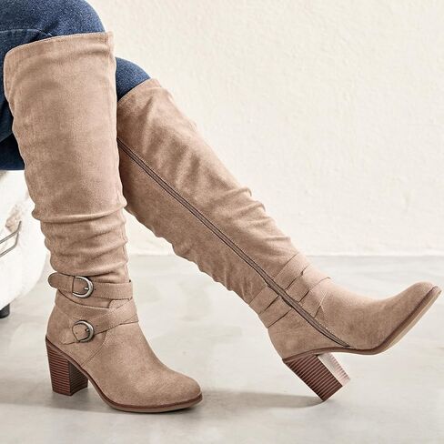 حذاء نسائي طويل حتى الركبة من Luoika، حذاء طويل حتى الركبة، عرض واسع، حذاء طويل للركبة، كعب مكتنز، مقاس كبير. in Kuwait