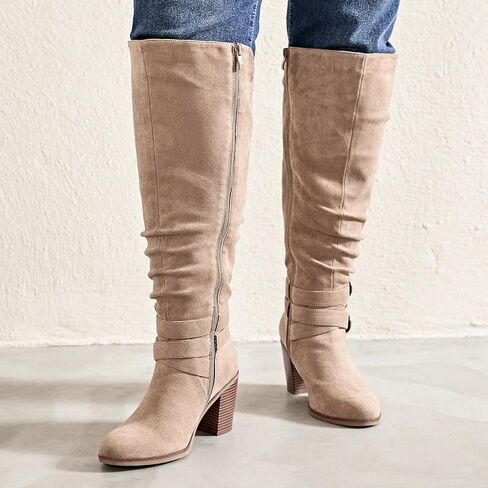 حذاء نسائي طويل حتى الركبة من Luoika، حذاء طويل حتى الركبة، عرض واسع، حذاء طويل للركبة، كعب مكتنز، مقاس كبير. in Kuwait