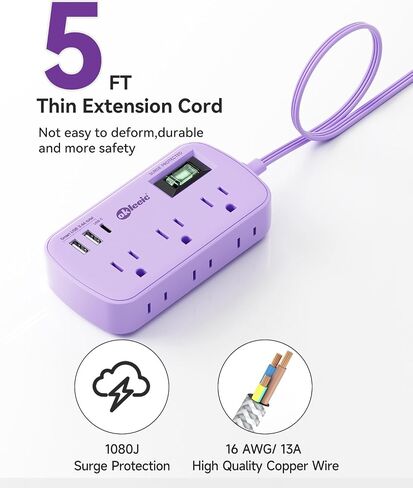 Short Extension Cord 2 Foot - Flat Plug Small Power Strip Surge Protetor with 6 Outlets 3 USB (5V/3.4A 17W) Charging Ports, Multi Plug Wall Outlet Splitter for Home Office Dorm Roomc, White in Kuwait