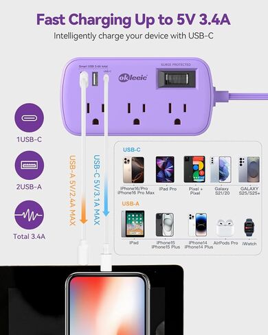 Short Extension Cord 2 Foot - Flat Plug Small Power Strip Surge Protetor with 6 Outlets 3 USB (5V/3.4A 17W) Charging Ports, Multi Plug Wall Outlet Splitter for Home Office Dorm Roomc, White in Kuwait