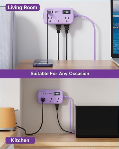 Short Extension Cord 2 Foot - Flat Plug Small Power Strip Surge Protetor with 6 Outlets 3 USB (5V/3.4A 17W) Charging Ports, Multi Plug Wall Outlet Splitter for Home Office Dorm Roomc, White in Kuwait