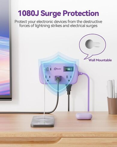 Short Extension Cord 2 Foot - Flat Plug Small Power Strip Surge Protetor with 6 Outlets 3 USB (5V/3.4A 17W) Charging Ports, Multi Plug Wall Outlet Splitter for Home Office Dorm Roomc, White in Kuwait
