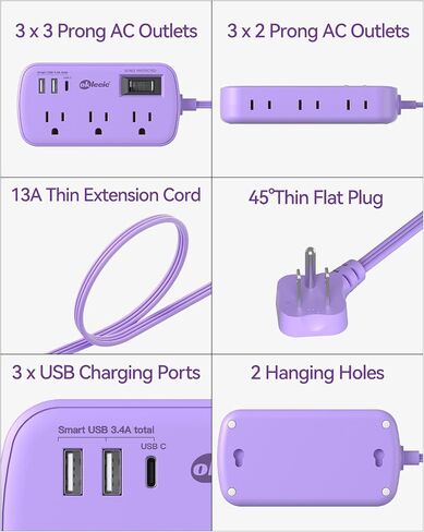 Short Extension Cord 2 Foot - Flat Plug Small Power Strip Surge Protetor with 6 Outlets 3 USB (5V/3.4A 17W) Charging Ports, Multi Plug Wall Outlet Splitter for Home Office Dorm Roomc, White in Kuwait