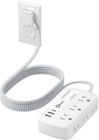Short Extension Cord 2 Foot - Flat Plug Small Power Strip Surge Protetor with 6 Outlets 3 USB (5V/3.4A 17W) Charging Ports, Multi Plug Wall Outlet Splitter for Home Office Dorm Roomc, White in Kuwait