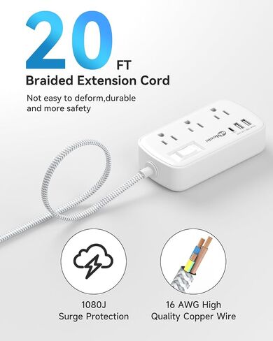 Short Extension Cord 2 Foot - Flat Plug Small Power Strip Surge Protetor with 6 Outlets 3 USB (5V/3.4A 17W) Charging Ports, Multi Plug Wall Outlet Splitter for Home Office Dorm Roomc, White in Kuwait